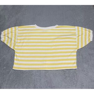 Vintage Beldoch Popper Shirt Womens Large Yellow White Striped Short Sleeve Crop